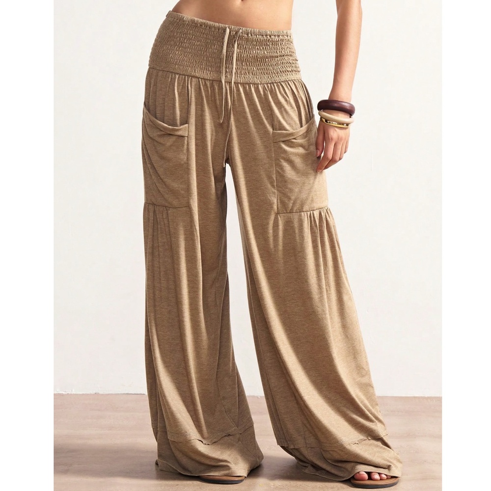Solid Tan Stretchy Waist Pockets Wide Leg Lonuge Pants - Picture 3 of 8